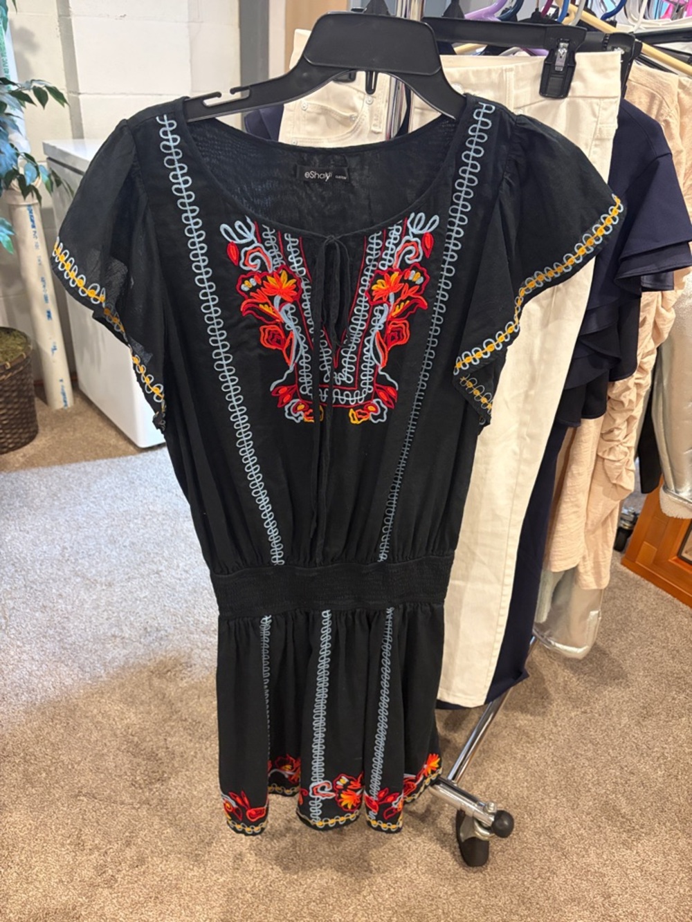Embroidered Navy Boho Dress with Red Floral Accents
